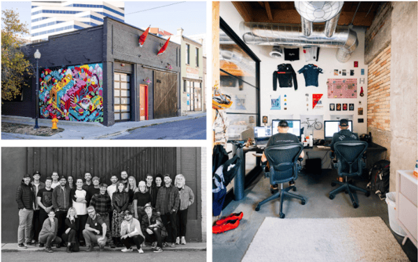 Top Left: Welikesmall’s location in downtown Salt lake city, which we designed and built, and often jokingly referred to as the House That Banners Built. Bottom Left: The team just before we sold to Thinkingbox. Right: Paul and I in our cycling-obsessed shared office space.