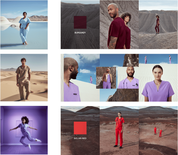 Left: A sampling of the Midjourney concept work that we used internally to visualize a new campaign for Jaanuu scrubs. Right: The final social campaign shot in the deserts of Utah for the introduction of three new colorways.