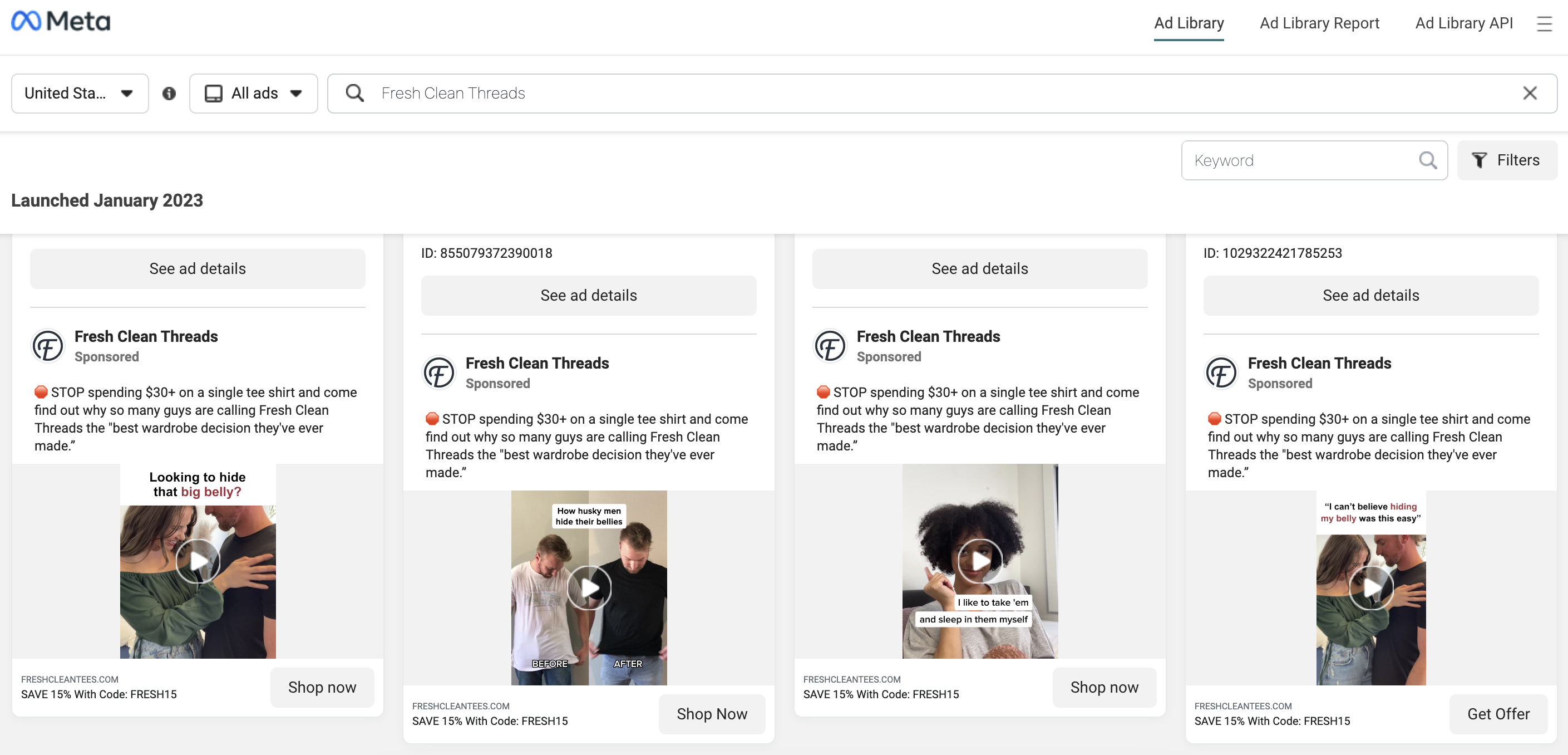 Today, Frresh Clean Threads runs dozens of Meta ads, testing different copy, videos, and offers