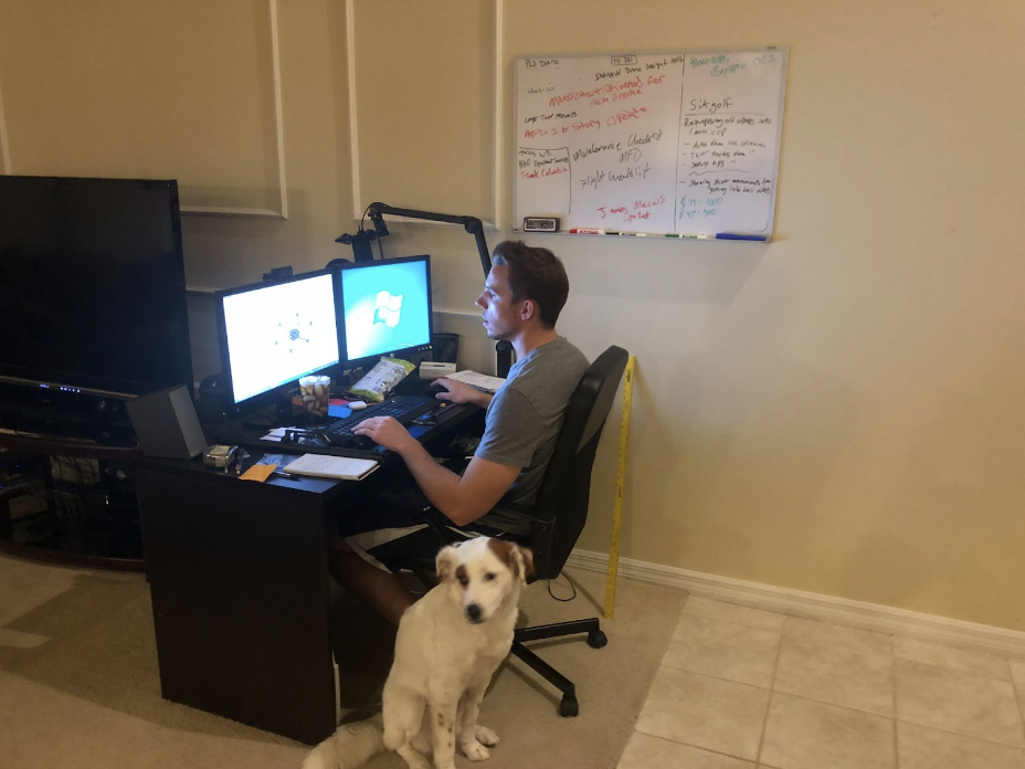 2018: Designing the First MFD 5000 Drone (You can see it on the screen!) with my Pup, after his failed attempt at becoming a famous infomercial doggo :) 